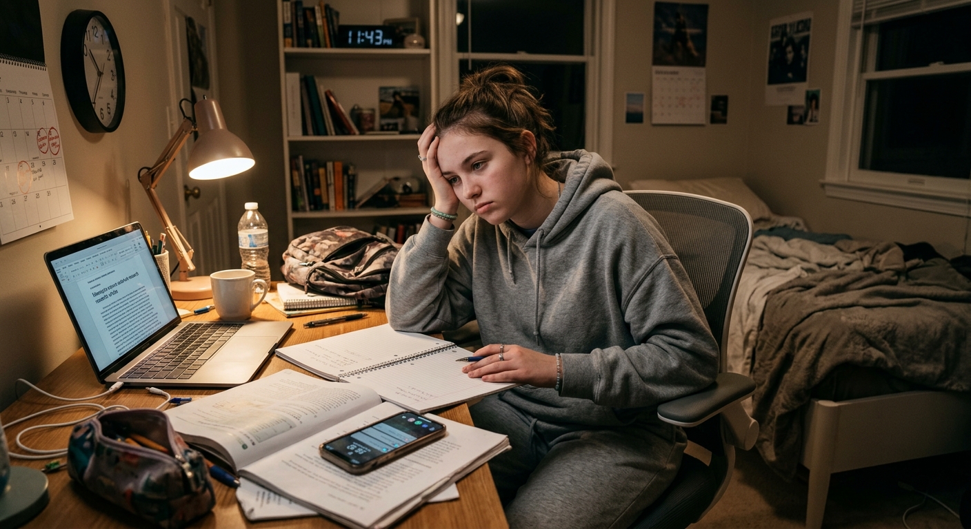 he image features a clock showing 11:43 PM, a digital calendar, an open notebook, and a laptop, perfectly illustrating the struggles of ADHD therapist for teens