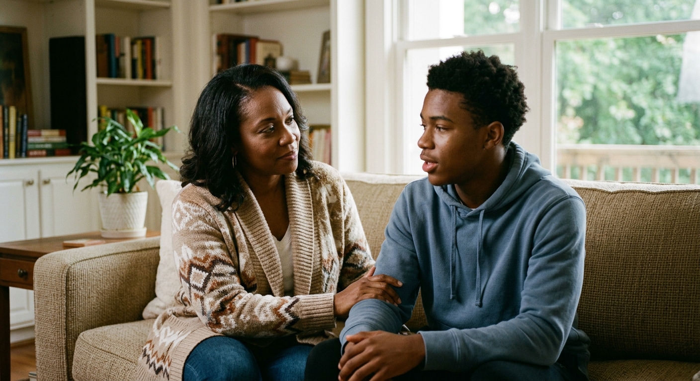A supportive Black mother sitting on a couch in a living room, placing a comforting hand on her teenage son's arm while having an open, gentle conversation about his emotional well-being.